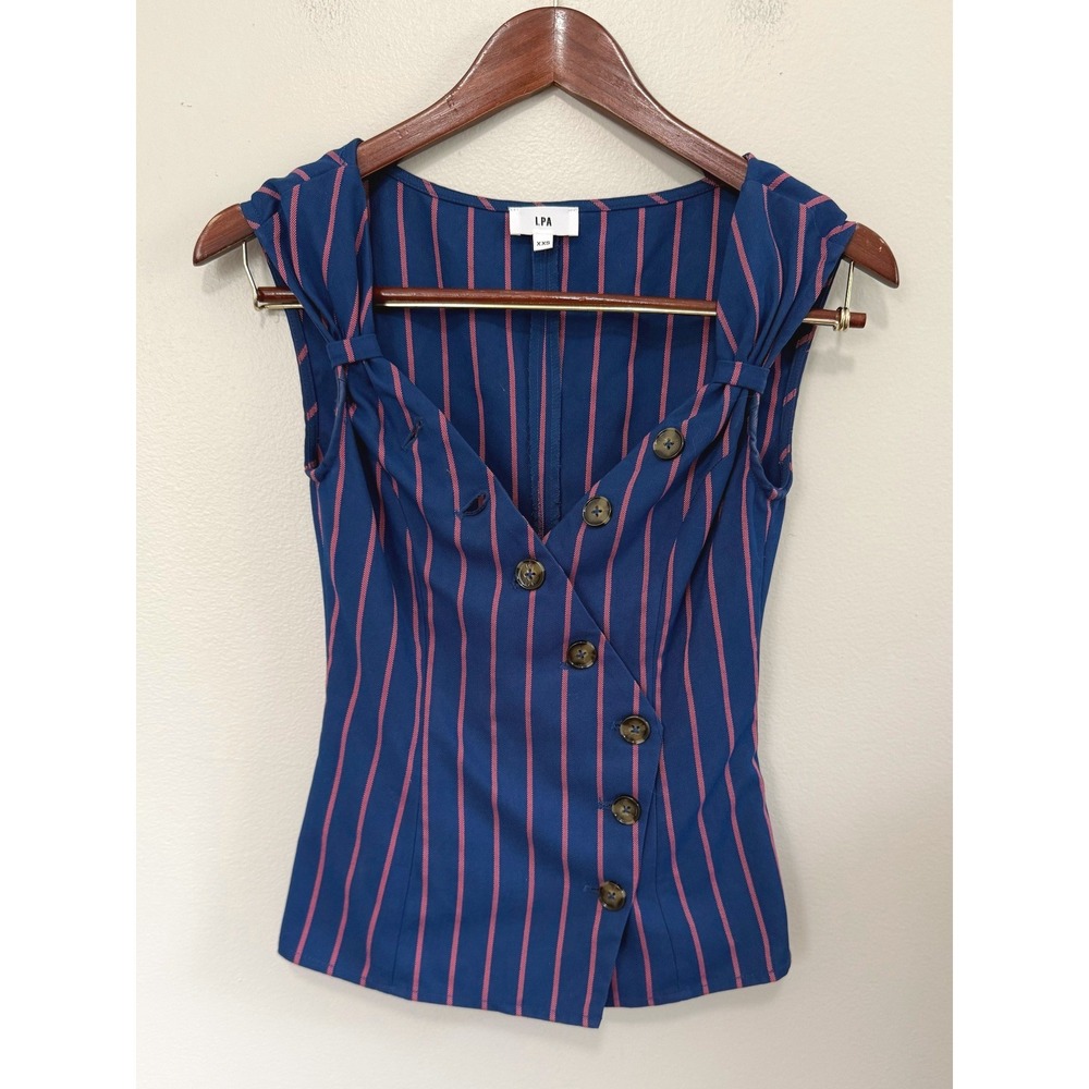 LPA X Revolve Navy Coral Striped Asymmetrical Button Front Corset Top Sz XXS
